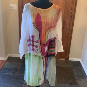 a cool gauze tunic in white with hot pink, green & orange geometric print.